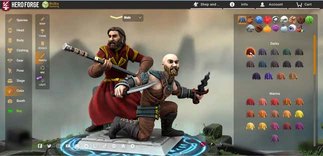 The Hero Forge character creator shows Gale and Shep in battle poses.