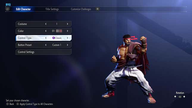 یک منو Ryu را در کنار گزینه‌های Costume، Color، Control Type، Button Preset و Control Settings نشان می‌دهد.