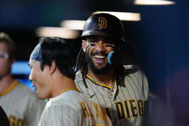 Jun 9, 2023; Denver, Colorado, USA; San Diego Padres right fielder Fernando Tatis Jr. (23) celebrates his solo home run in the sixth inning against the Colorado Rockies at Coors Field.