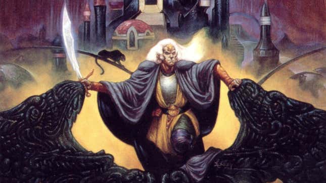 Drizzt Do'Urden climbs the ornate, black stone wall with the city of Menzoberranzan behind him.