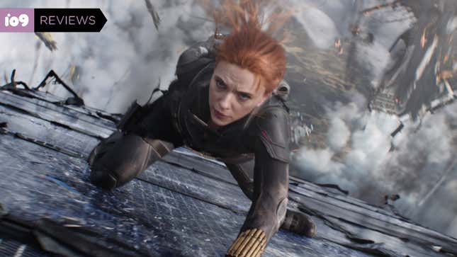 Scarlett Johansson's Black Widow hangs on for dear life to the side of a plane crashing through the atmosphere.