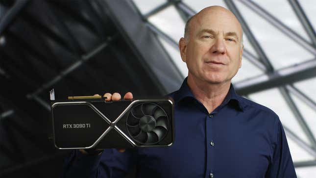 Jeff Fisher, SVP of gaming at Nvidia, holds an RTX 3090 Ti.