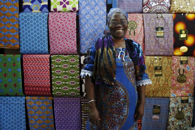 Wax prints and other textiles on sale in Bouake, Ivory Coast
