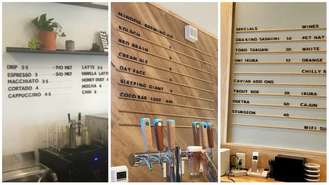 Three menu boards featuring minimalist block lettering