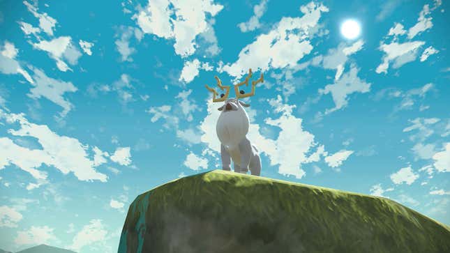 A Wydeer Pokémon stands atop a cliff in Pokémon Legends: Arceus.