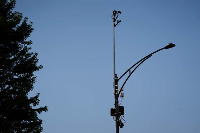ShotSpotter equipment overlooks the intersection of South Stony Island Avenue and East 63rd Street in Chicago on Tuesday, Aug. 10, 2021. 