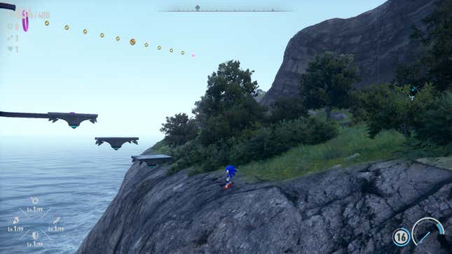 A screenshot shows a far off Sonic standing on a cliff near the ocean.