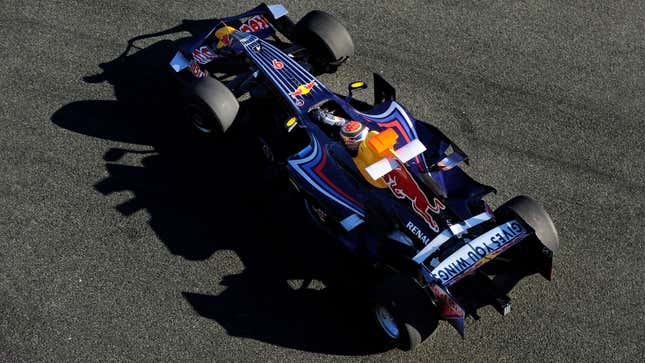 A photo of the 2008 Red Bull F1 car testing in Spain. 