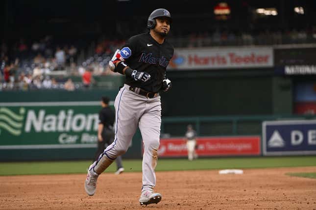 Jun 16, 2023; Washington, District of Columbia, USA; Miami Marlins second baseman Luis Arraez (3) rounds the bases after hitting a two run home run against the Washington Nationals during the second inning at Nationals Park.