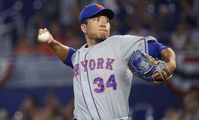 Apr 2, 2023; Miami, Florida, USA;  New York Mets starting pitcher Kodai Senga (34) pitches against the Miami Marlins in the first inning at loanDepot Park.