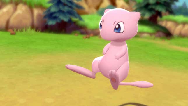 A screenshot of Mew floating in the air from Pokémon Brilliant Diamond and Shining Pearl.