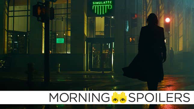 A coated figure cloaked in shadow walks towards the neon signs of a Simulatte coffee shop in a scene from The Matrix: Resurrections