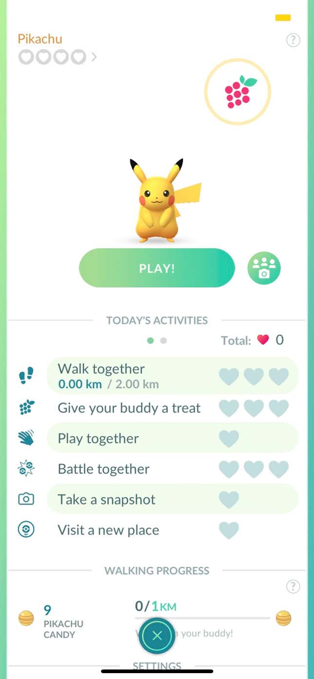 A Pikachu's stats page is shown from the Pokemon Go menu.