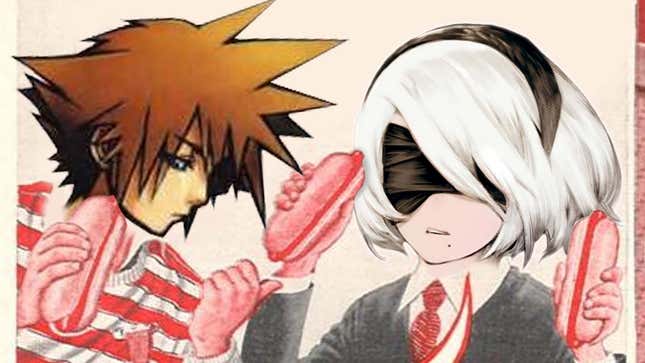 2B holds up two hot dogs while Sora only has one.