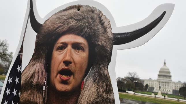 An effigy of Facebook CEO, Mark Zuckerberg, dressed as a January 6, 2021, insurrectionist is placed near the US Capitol in Washington, DC, on March 25, 2021.