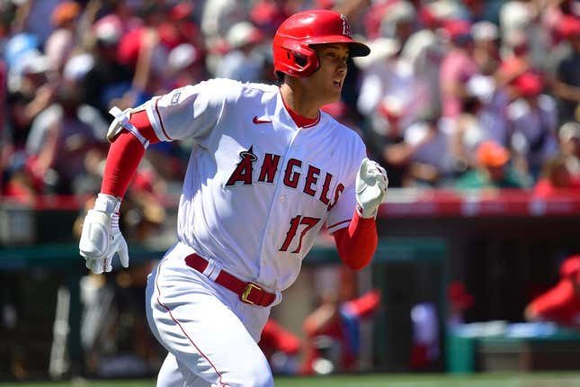 Apr 9, 2023; Anaheim, California, USA; Los Angeles Angels designated hitter Shohei Ohtani (17) runs after hitting a two run home run against the Toronto Blue Jays during the third inning  at Angel Stadium.
