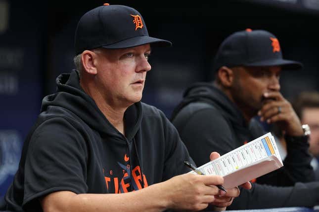Mar 30, 2023; St. Petersburg, Florida, USA; Detroit Tigers manager A.J. Hinch (14) looks on during the ninth inning against the Tampa Bay Rays at Tropicana Field.