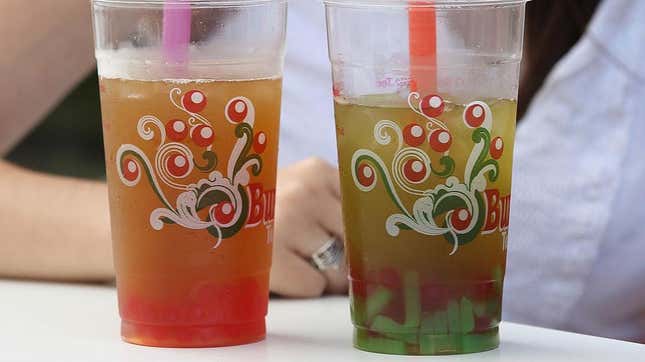 Bubble tea in plastic cups with straws
