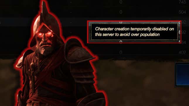 An error message saying people can't make a new character on a New World server. 