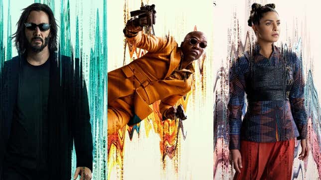 Stylized posters highlight Neo (Keanu Reeves) and other characters from The Matrix Resurrections.