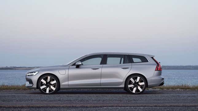 A photo of a silver Volvo V60 Recharge station wagon.
