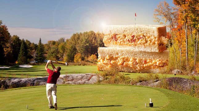 golfer on course and pimiento cheese sandwich