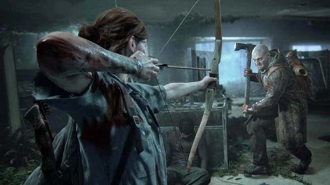 Ellie from The Last of Us Part II readies her bow as an axe-wielding enemy stands before her. 