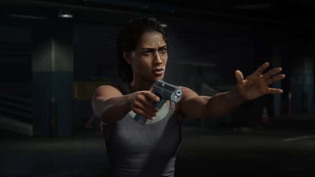 Marlene holds a gun as she motions with her hand to try and descalate a dangerous situation.
