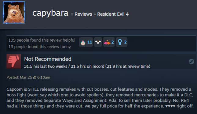 A screenshot of a Steam user text review for the game Resident Evil 4.