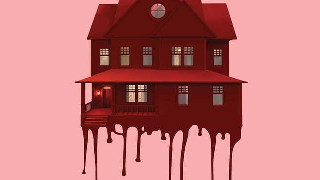 A red house drips down on a pink background.