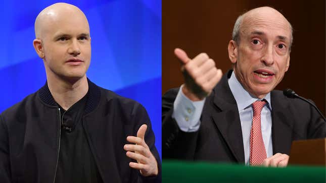 side by side photos of Brian Armstrong and Gary Gensler