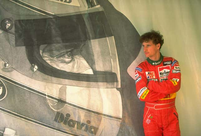 Portrait of Jordan Peugeot driver Eddie Irvine of Great Britain before the 1995 Brazilian Grand Prix at the Interlagos circuit in Sao Paulo, Brazil. Irvine retired from the race with engine problems.