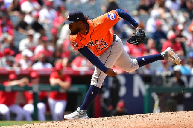 May 10, 2023; Anaheim, California, USA; Houston Astros starting pitcher Cristian Javier (53) throws against the Los Angeles Angels during the fourth inning at Angel Stadium.