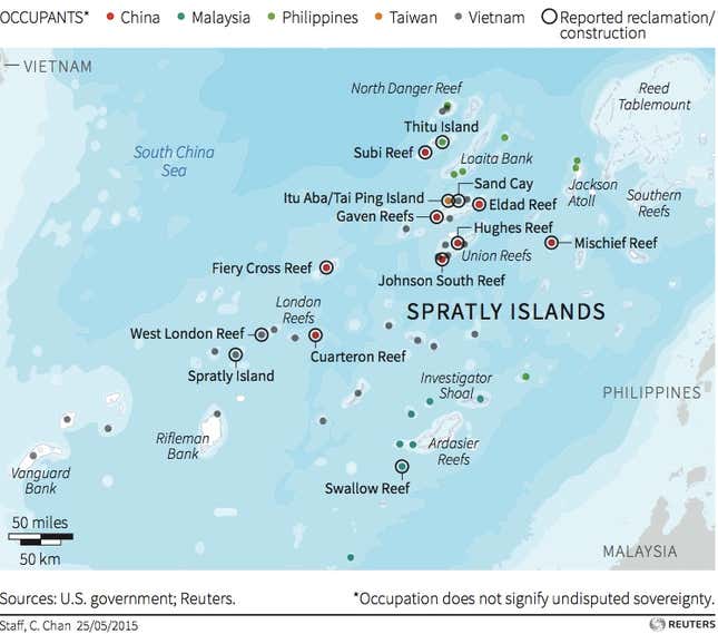 China claims most of the South China Sea, overlapping territorial claims made by the Philippines, Vietnam, Malaysia, Brunei, and Taiwan.