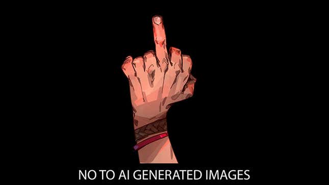 One of the most popular images on ArtStation today was this protest illustration, mocking AI-generated images’ repeated inability to render human hands with the correct amount of fingers