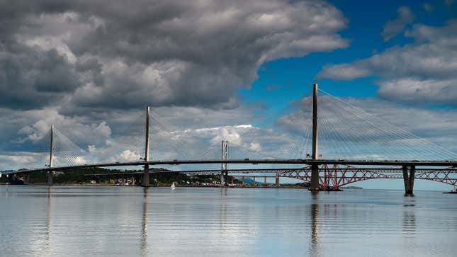 A photo of the three bridges crossing the River Forth in Scotland. 