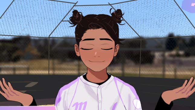 The character Akarsha stands smiling, eyes closed, no doubt after saying something ridiculous that she passed off as enlightened wisdom, while wearing a baseball uniform and standing on a baseball field.