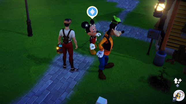 Mickey Mouse in Disney Dreamlight Valley looks up at the player with some unsettling and misshapen eyes.