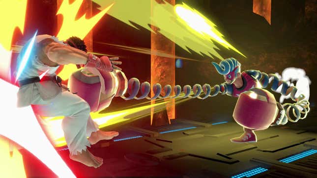 A Super Smash Bros. Ultimate image of an Arms character punching Street Fighter's Ryu in the gut.