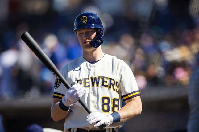Feb 25, 2023; Phoenix, Arizona, USA; Milwaukee Brewers outfielder Joey Wiemer against the Los Angeles Dodgers during a spring training game at American Family Fields of Phoenix.