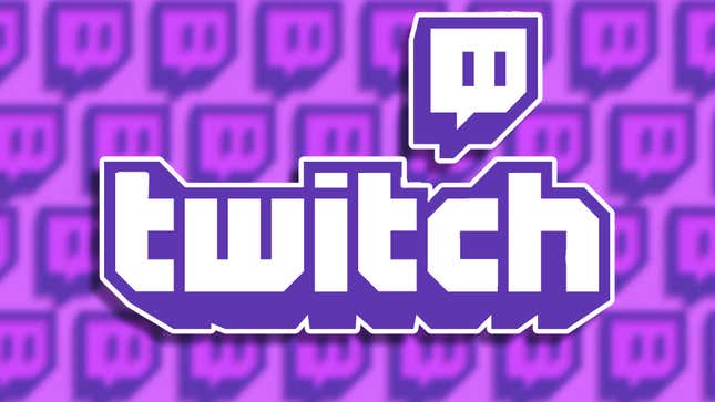The Twitch logo hovers over a depth of field blurred background of purple Twitch logos.