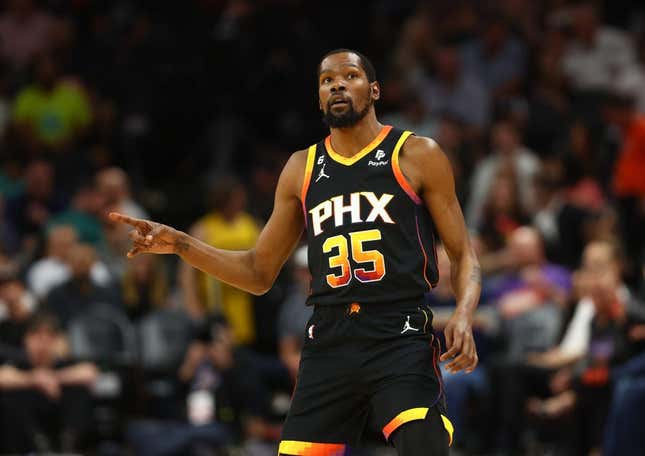 Apr 6, 2023; Phoenix, Arizona, USA; Phoenix Suns forward Kevin Durant (35) celebrates a shot against the Denver Nuggets in the first half at Footprint Center.