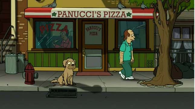 A screenshot shows a lone dog waiting for Fry to come back. 