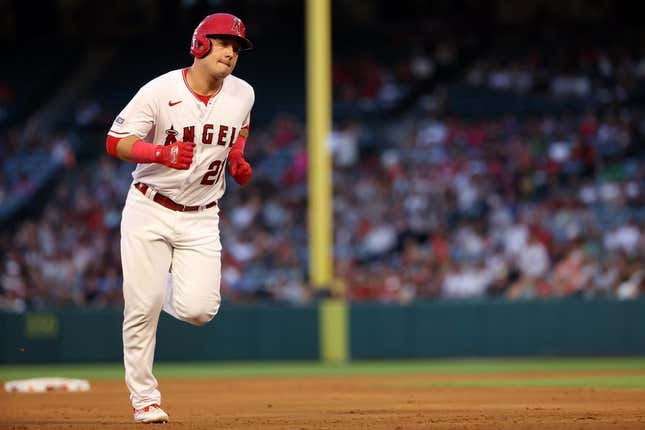 Sep 9, 2023; Anaheim, California, USA; Los Angeles Angels designated hitter Matt Thaiss (21) hits a home run during the fourth inning against the Cleveland Guardians at Angel Stadium.