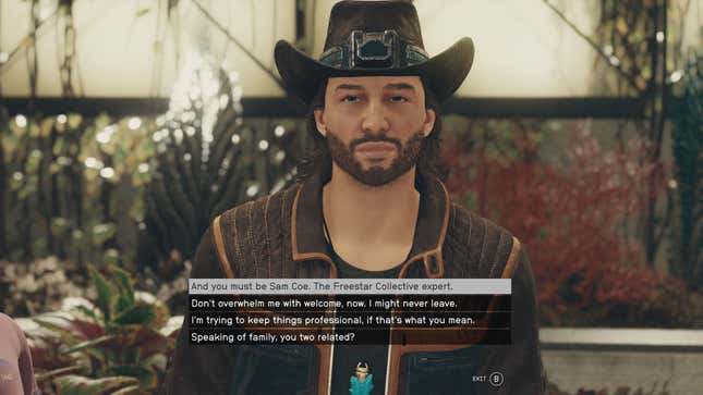 A screenshot shows Sam Coe, former Freestar Ranger and Starfield companion, and a few dialogue options.