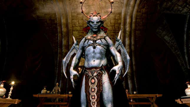 Some demonic figure in The Elder Scrolls V: Skyrim stands, menacingly, in the center of the frame.