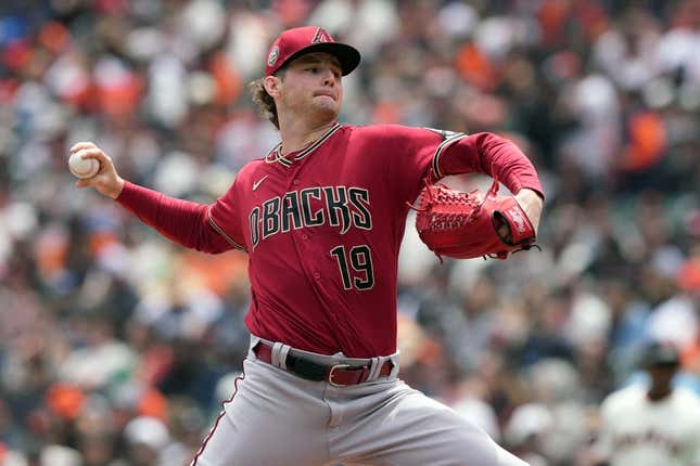 Jun 25, 2023; San Francisco, California, USA; Arizona Diamondbacks starting pitcher Ryne Nelson (19) throws a pitch against the San Francisco Giants during the first inning at Oracle Park.