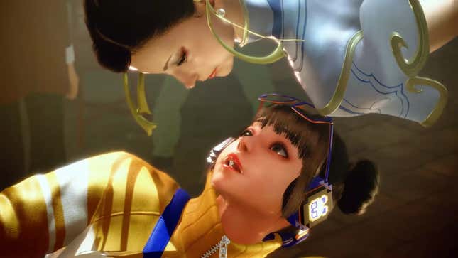 Street Fighter 6's Chun-Li dodges an opponent, staring intimately into her eyes while probably preparing to punish.