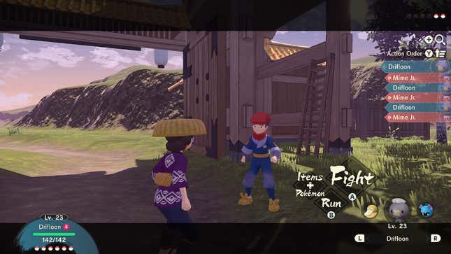 Two trainers stare each other down during a Pokémon battle.