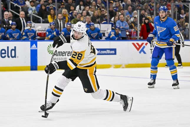 Feb 25, 2023; St. Louis, Missouri, USA; Pittsburgh Penguins defenseman Marcus Pettersson (28) shoots and scores against the St. Louis Blues during the third period at Enterprise Center.